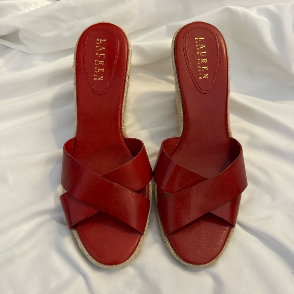 NWOT Lauren Ralph Lauren Leather Crisscross Espadrille Wedge Heeled Sandals - Picture 2 of 6